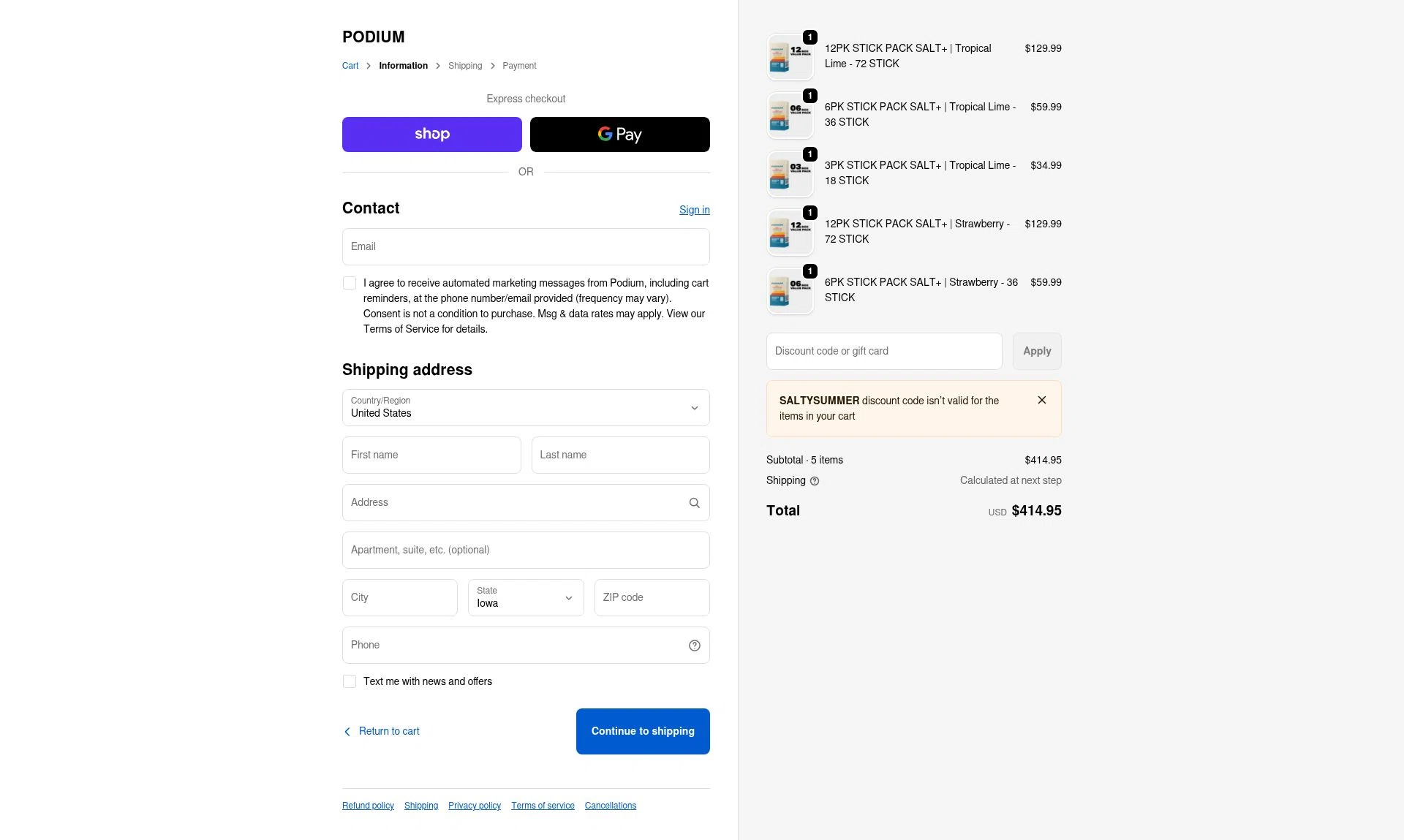 Podium Nutrition checkout page showing Podium Nutrition discount code box | Screenshot taken by SimplyCodes community member on Feb 10, 2026