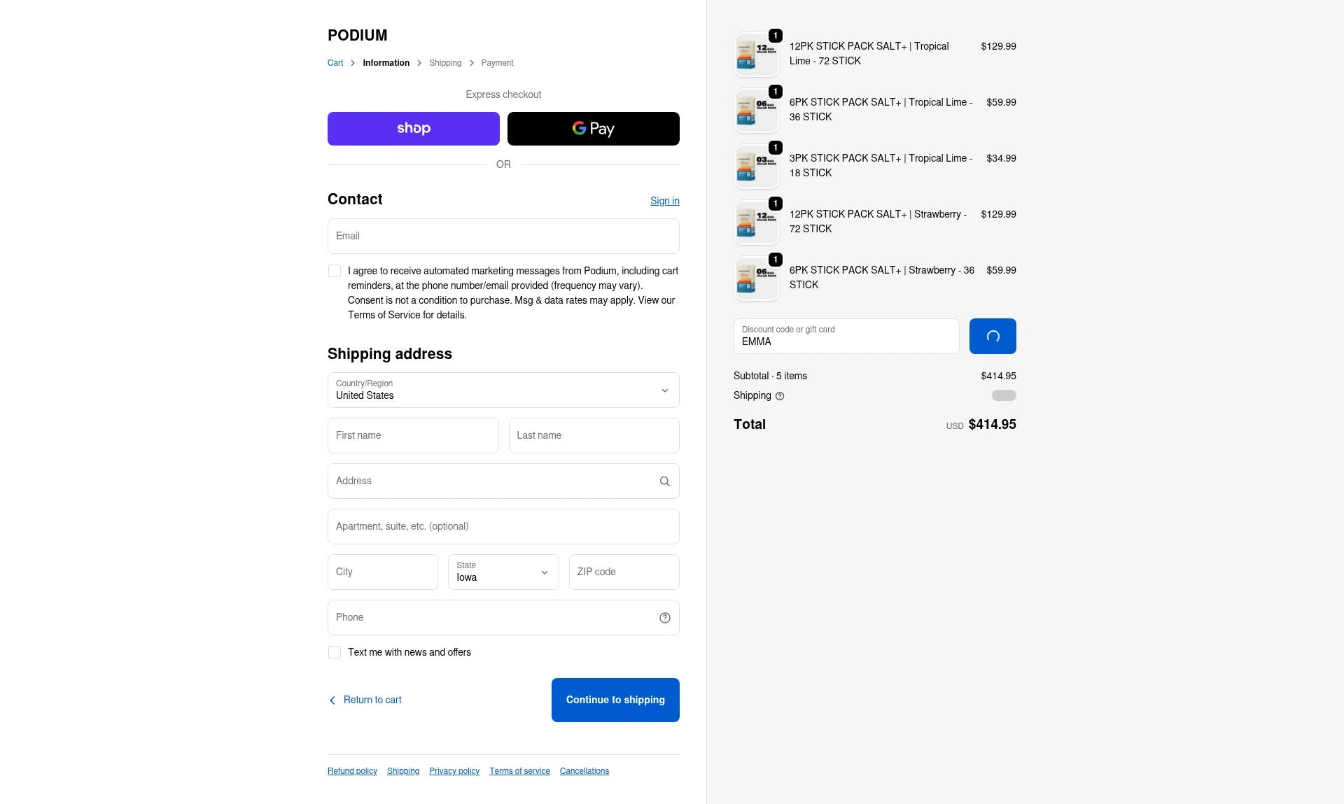 Podium Nutrition checkout page showing Podium Nutrition discount code box | Screenshot taken by SimplyCodes community member on Feb 10, 2026