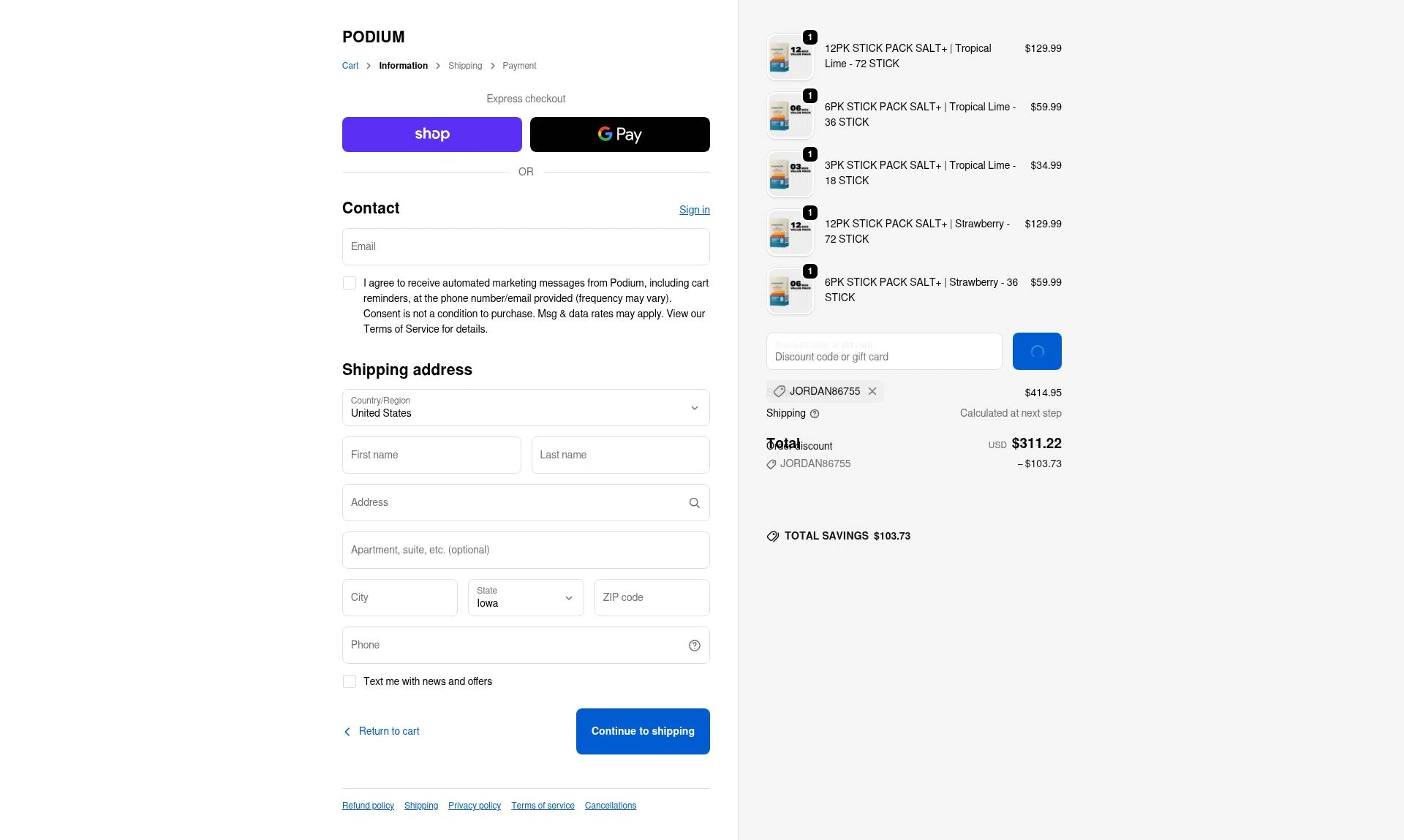 Podium Nutrition checkout page showing Podium Nutrition discount code box | Screenshot taken by SimplyCodes community member on Feb 11, 2026