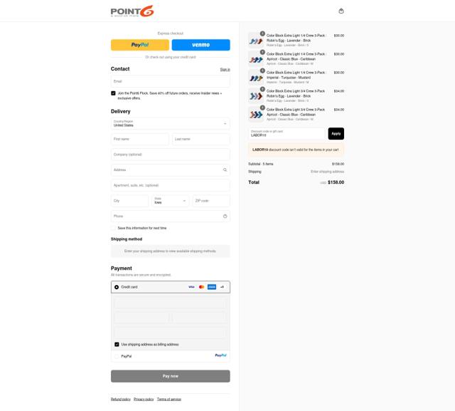 Point 6 checkout page showing Point 6 discount code box | Screenshot taken by SimplyCodes community member on Sep 11, 2025