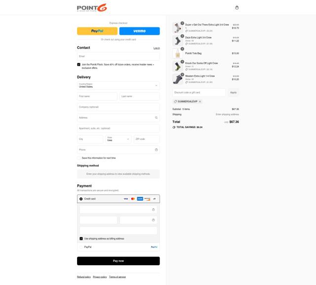 Point 6 checkout page showing Point 6 discount code box | Screenshot taken by SimplyCodes community member on Aug 16, 2025