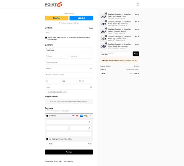 Point 6 checkout page showing Point 6 discount code box | Screenshot taken by SimplyCodes community member on Aug 29, 2025