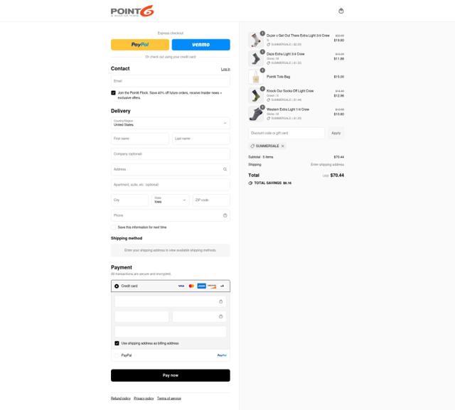 Point 6 checkout page showing Point 6 discount code box | Screenshot taken by SimplyCodes community member on Aug 16, 2025