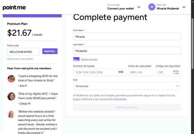 point.me checkout page showing point.me promo code box | Screenshot taken by SimplyCodes community member on Sep 27, 2025
