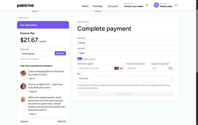 point.me checkout page showing point.me promo code box | Screenshot taken by SimplyCodes community member on Sep 26, 2025