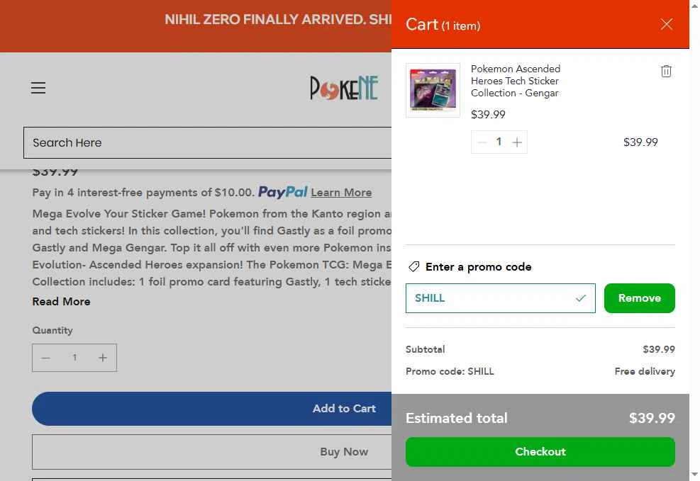 Pokene checkout page showing Pokene promo code box | Screenshot taken by SimplyCodes community member on Feb 3, 2026