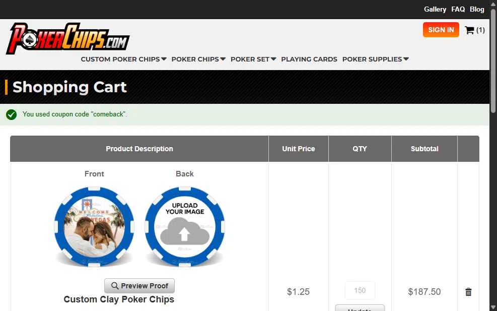 PokerChips.com checkout page showing PokerChips.com promo code box | Screenshot taken by SimplyCodes community member on Jan 9, 2026