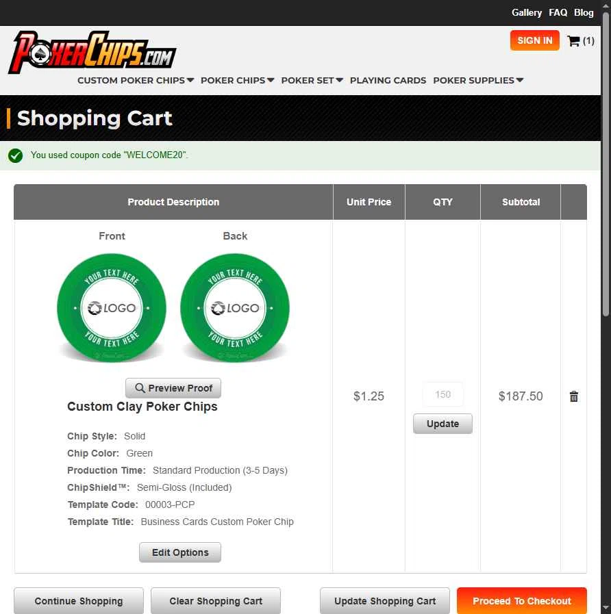 PokerChips.com checkout page showing PokerChips.com promo code box | Screenshot taken by SimplyCodes community member on Dec 11, 2025