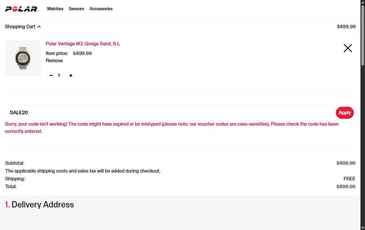 Verification screenshot for 20% Off Select Items at Polar - 3mo ago