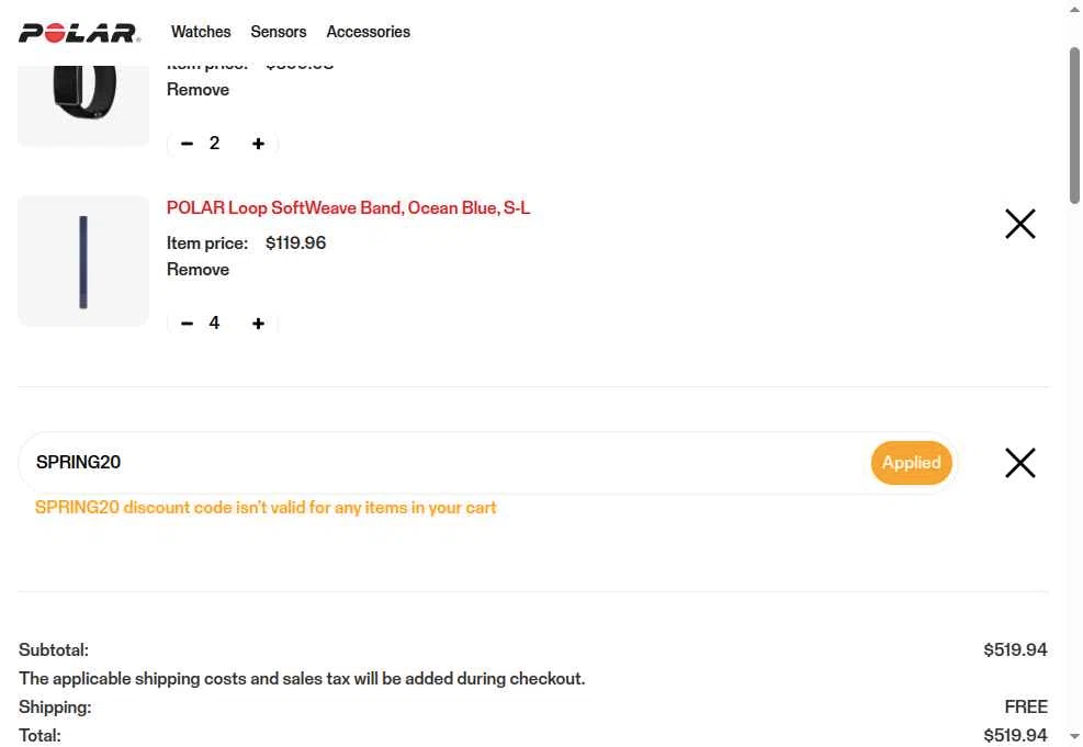 Verification screenshot for 20% Off Select Items at Polar - 4mo ago