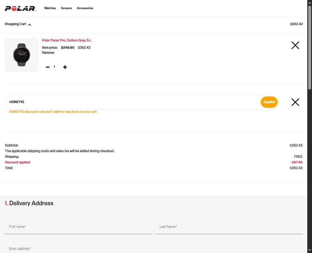 Verification screenshot for 15% Off Select Items at Polar - 16d ago