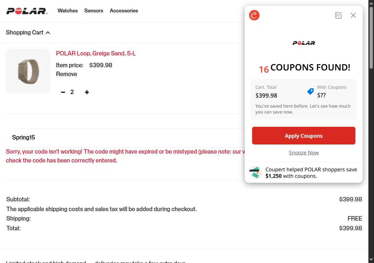 Verification screenshot for 15% Off Select Items at Polar - 6mo ago