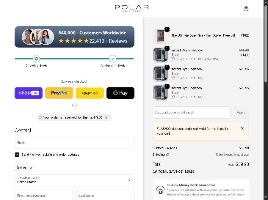 Polar Haircare checkout page showing Polar Haircare discount code box | Screenshot taken by SimplyCodes community member on Jan 12, 2026