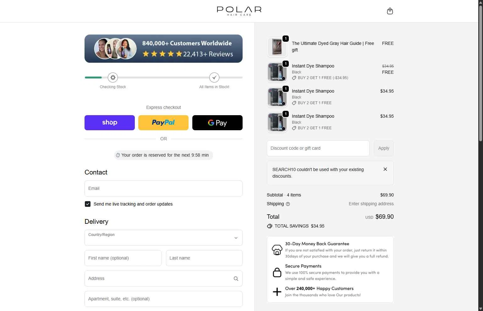 Polar Haircare checkout page showing Polar Haircare discount code box | Screenshot taken by SimplyCodes community member on Jan 28, 2026