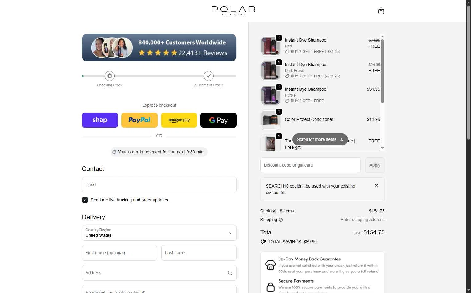 Polar Haircare checkout page showing Polar Haircare discount code box | Screenshot taken by SimplyCodes community member on Jan 16, 2026