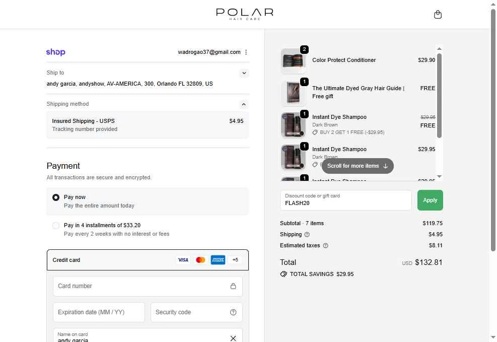 Polar Haircare checkout page showing Polar Haircare discount code box | Screenshot taken by SimplyCodes community member on Jan 5, 2026