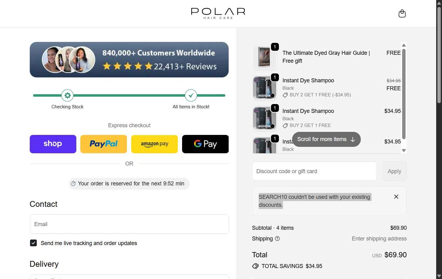 Polar Haircare checkout page showing Polar Haircare discount code box | Screenshot taken by SimplyCodes community member on Feb 5, 2026