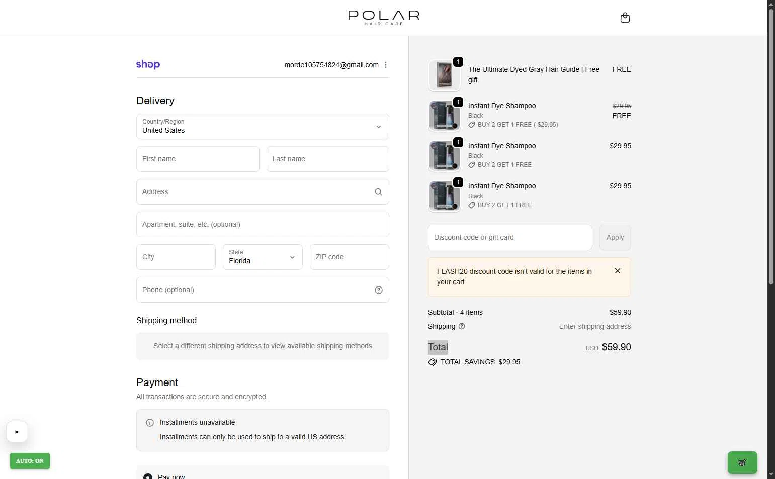 Polar Haircare checkout page showing Polar Haircare discount code box | Screenshot taken by SimplyCodes community member on Jan 9, 2026