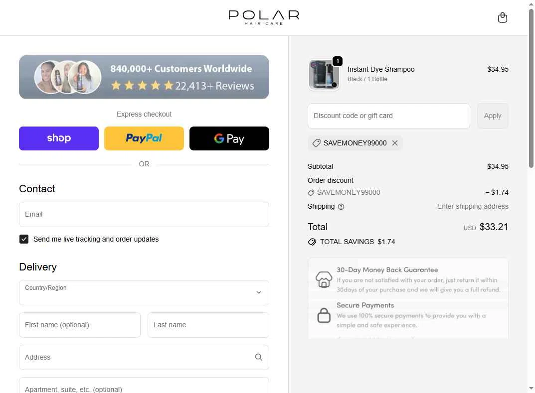 Polar Haircare checkout page showing Polar Haircare discount code box | Screenshot taken by SimplyCodes community member on Feb 6, 2026