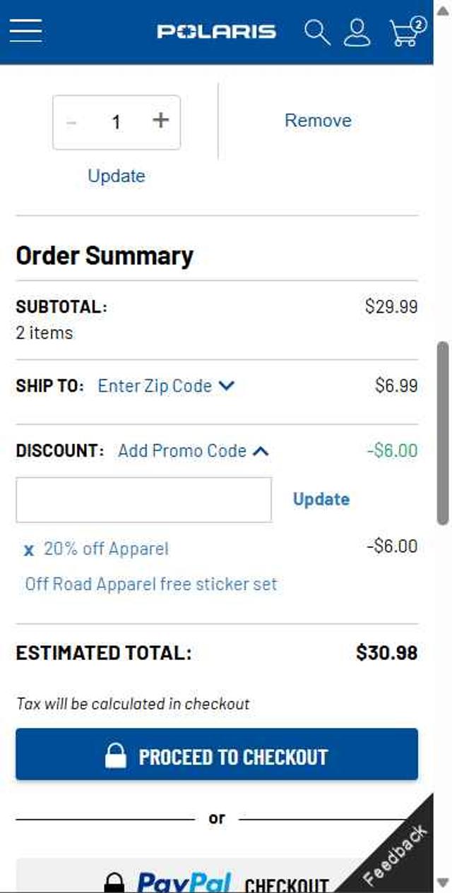 Polaris checkout page showing Polaris promo code box | Screenshot taken by SimplyCodes community member on Sep 25, 2025