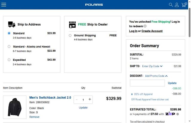 Polaris checkout page showing Polaris promo code box | Screenshot taken by SimplyCodes community member on Aug 18, 2025