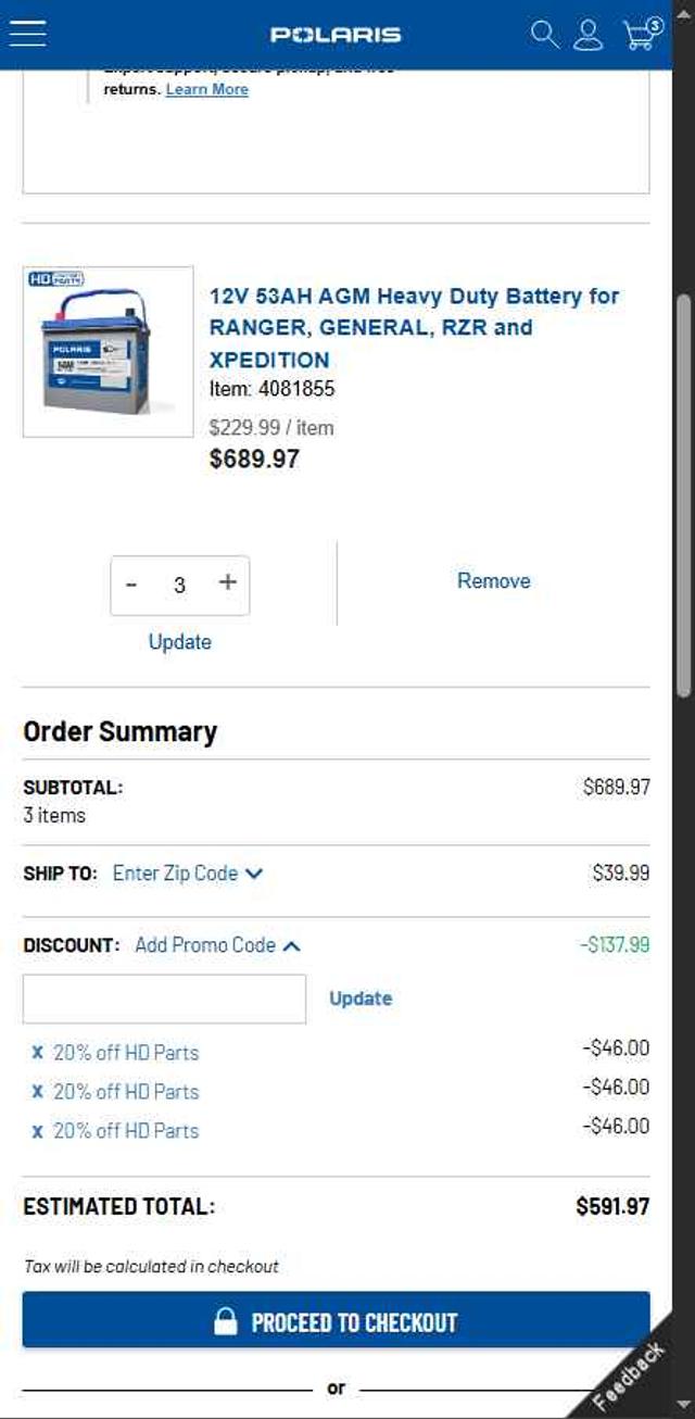 Polaris checkout page showing Polaris promo code box | Screenshot taken by SimplyCodes community member on Sep 19, 2025