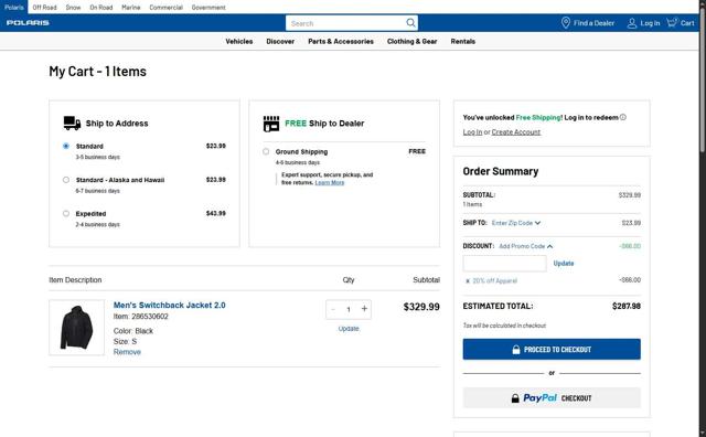 Polaris checkout page showing Polaris promo code box | Screenshot taken by SimplyCodes community member on Sep 29, 2025