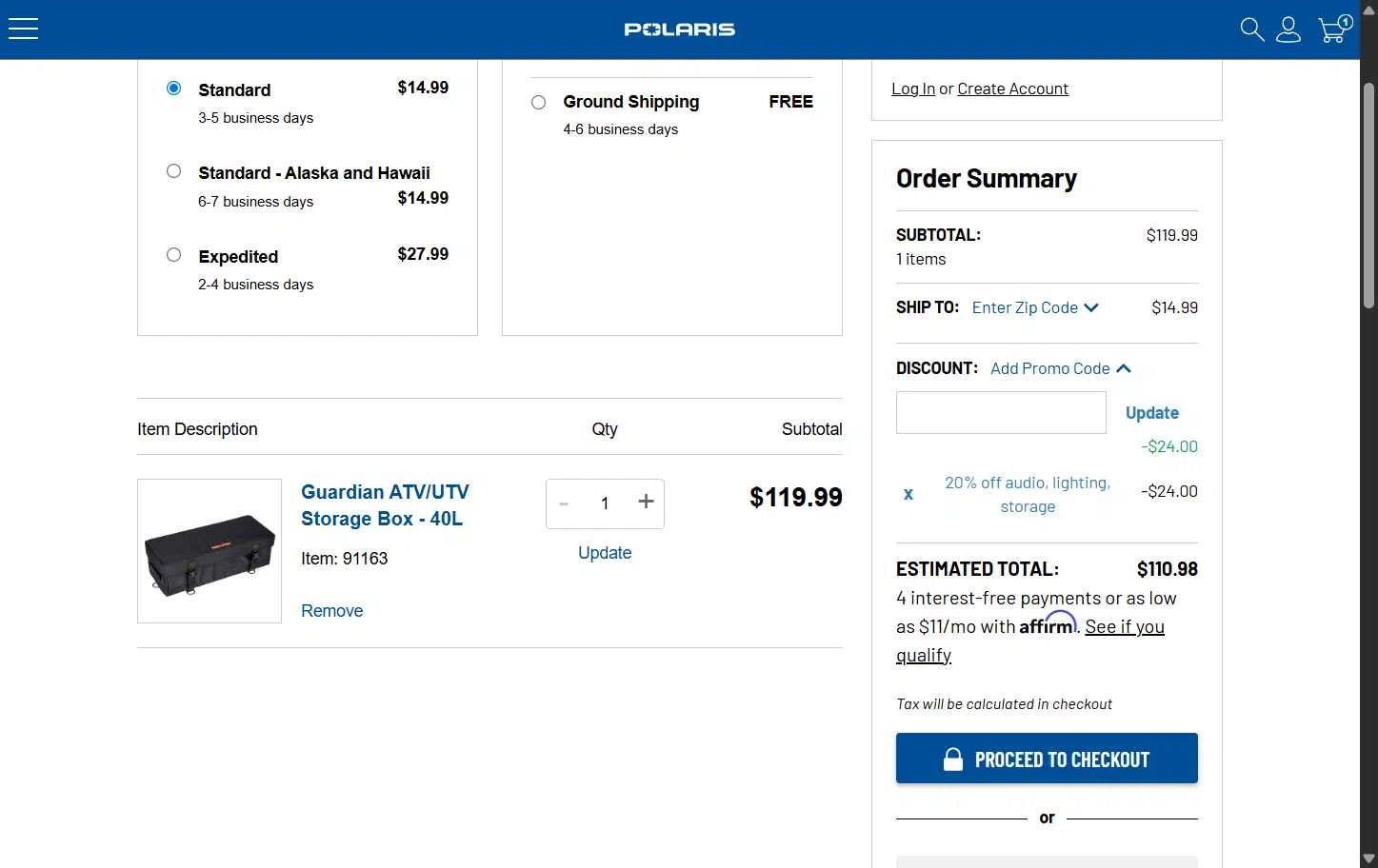 Polaris checkout page showing Polaris promo code box | Screenshot taken by SimplyCodes community member on Dec 31, 2025