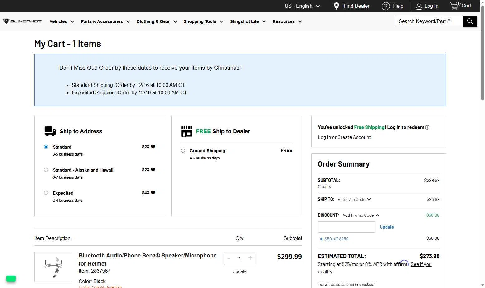 Polaris checkout page showing Polaris promo code box | Screenshot taken by SimplyCodes community member on Dec 23, 2025