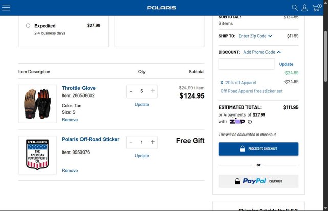 Polaris checkout page showing Polaris promo code box | Screenshot taken by SimplyCodes community member on Aug 27, 2025