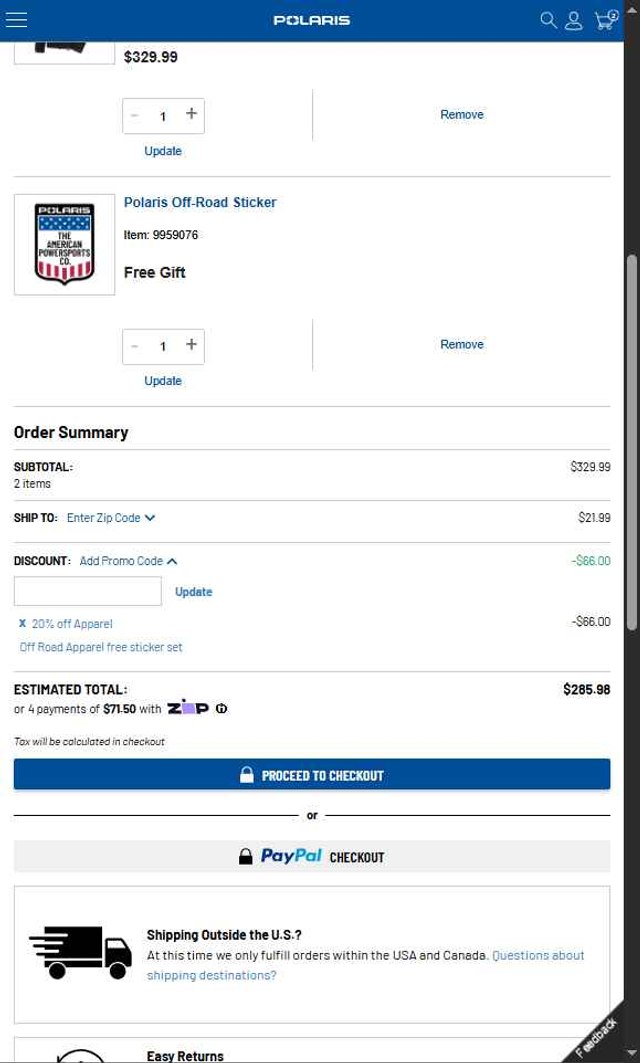 Polaris checkout page showing Polaris promo code box | Screenshot taken by SimplyCodes community member on Aug 16, 2025