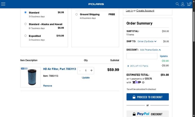 Polaris checkout page showing Polaris promo code box | Screenshot taken by SimplyCodes community member on Aug 18, 2025