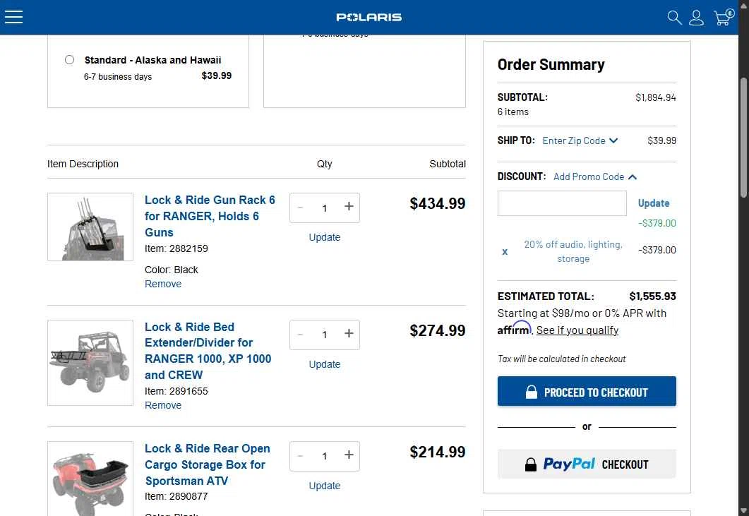 Polaris checkout page showing Polaris promo code box | Screenshot taken by SimplyCodes community member on Dec 21, 2025