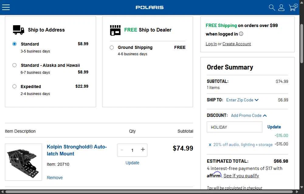 Polaris checkout page showing Polaris promo code box | Screenshot taken by SimplyCodes community member on Nov 28, 2025