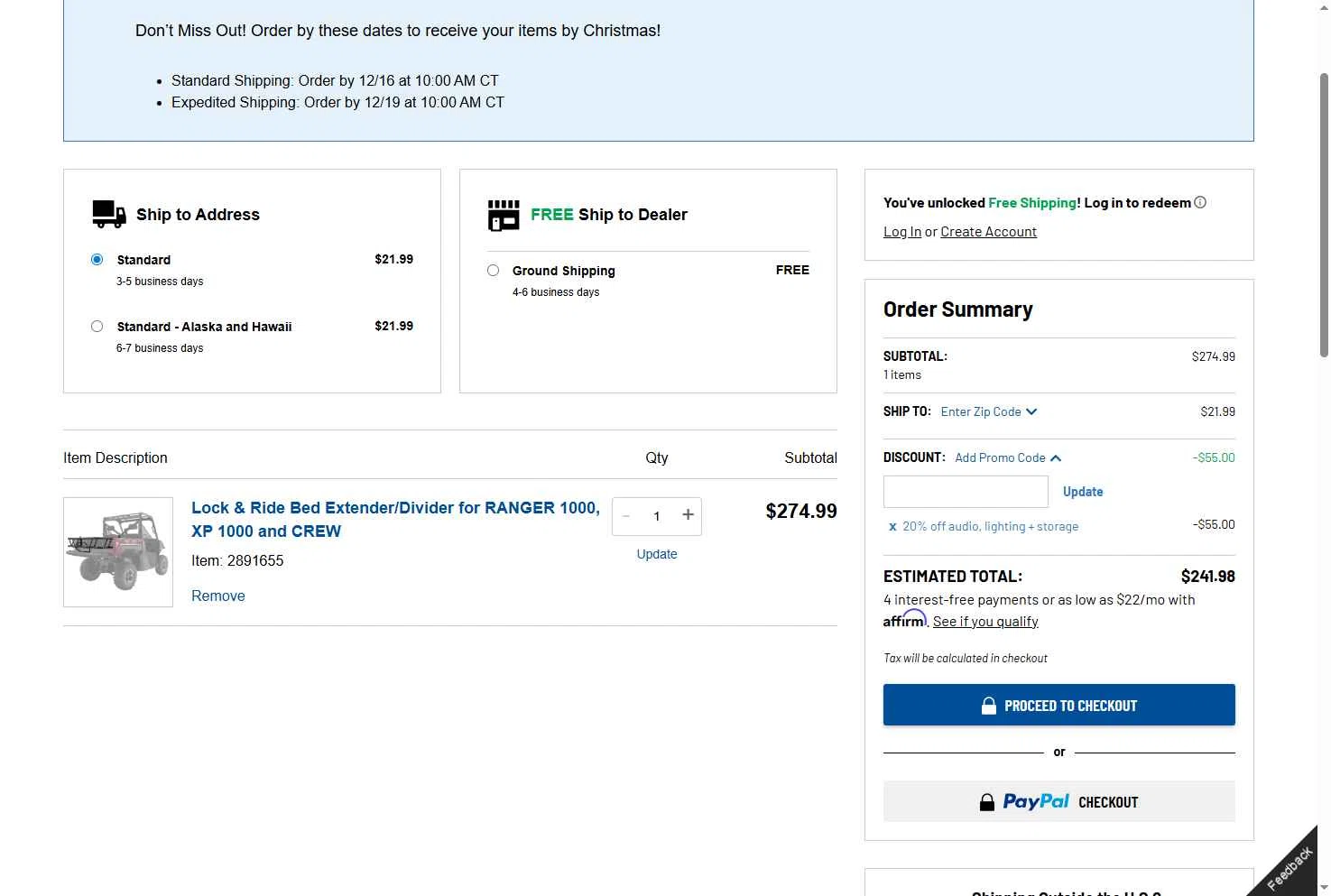 Polaris checkout page showing Polaris promo code box | Screenshot taken by SimplyCodes community member on Dec 6, 2025