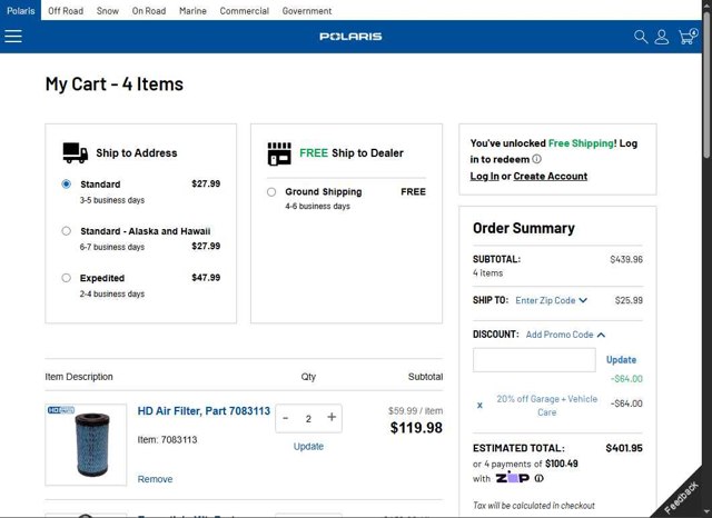 Polaris checkout page showing Polaris promo code box | Screenshot taken by SimplyCodes community member on Aug 18, 2025