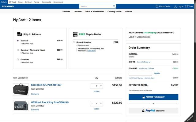 Polaris checkout page showing Polaris promo code box | Screenshot taken by SimplyCodes community member on Sep 29, 2025