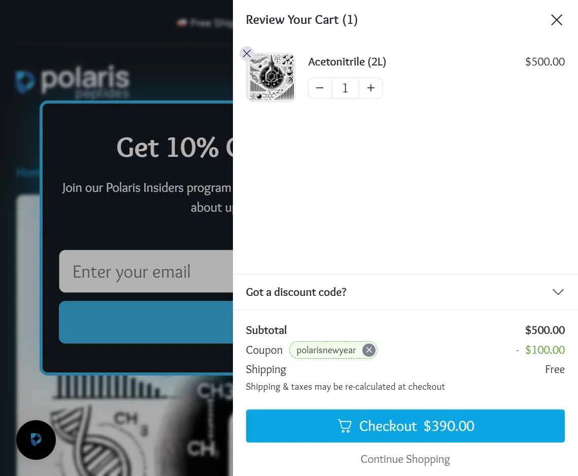 Polaris Peptides checkout page showing Polaris Peptides coupon code box | Screenshot taken by SimplyCodes community member on Dec 25, 2025
