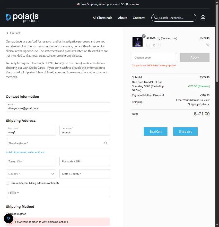 Polaris Peptides checkout page showing Polaris Peptides coupon code box | Screenshot taken by SimplyCodes community member on Jan 8, 2026