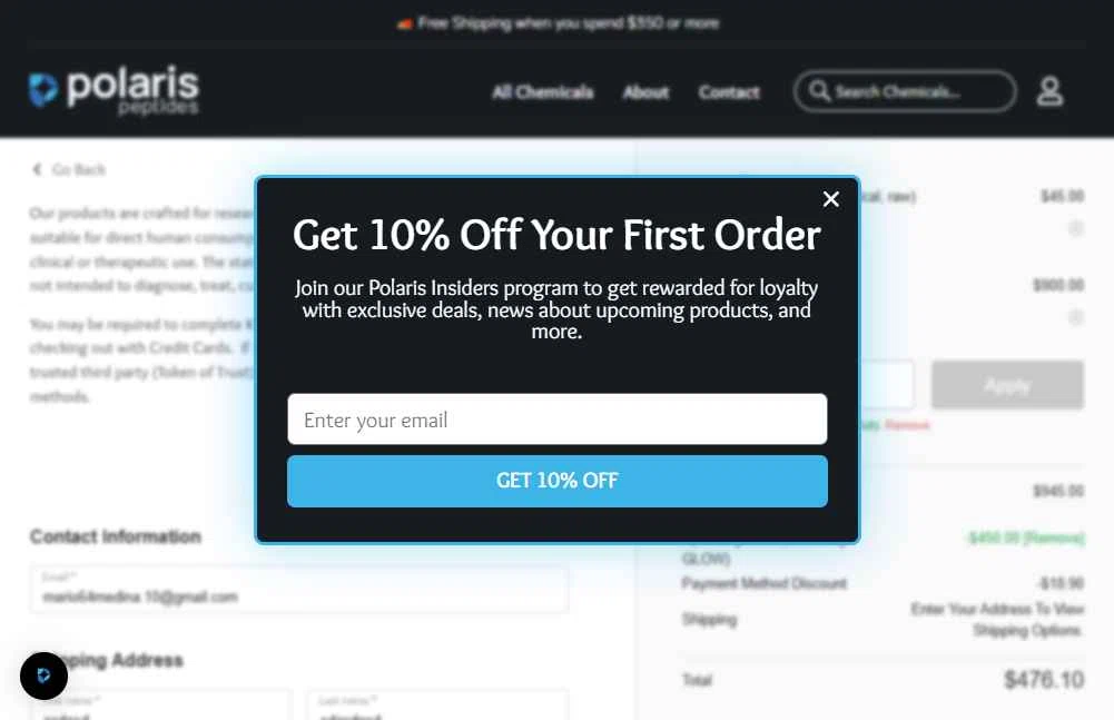 Polaris Peptides checkout page showing Polaris Peptides coupon code box | Screenshot taken by SimplyCodes community member on Dec 11, 2025