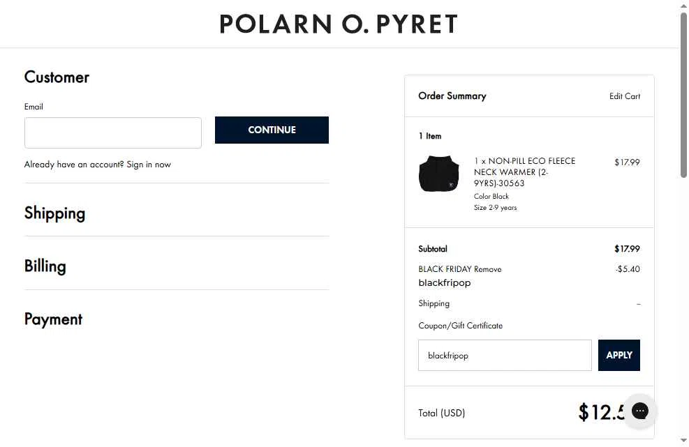Polarn O. Pyret checkout page showing Polarn O. Pyret discount code box | Screenshot taken by SimplyCodes community member on Nov 20, 2025