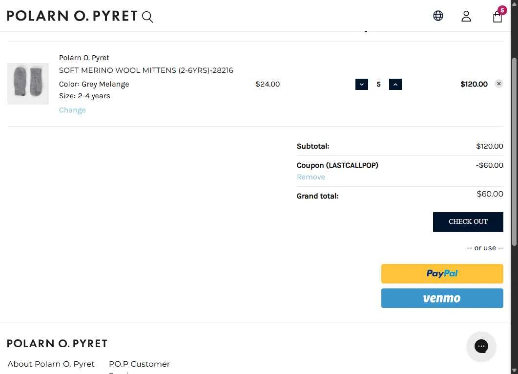 Polarn O. Pyret checkout page showing Polarn O. Pyret discount code box | Screenshot taken by SimplyCodes community member on Jan 5, 2026