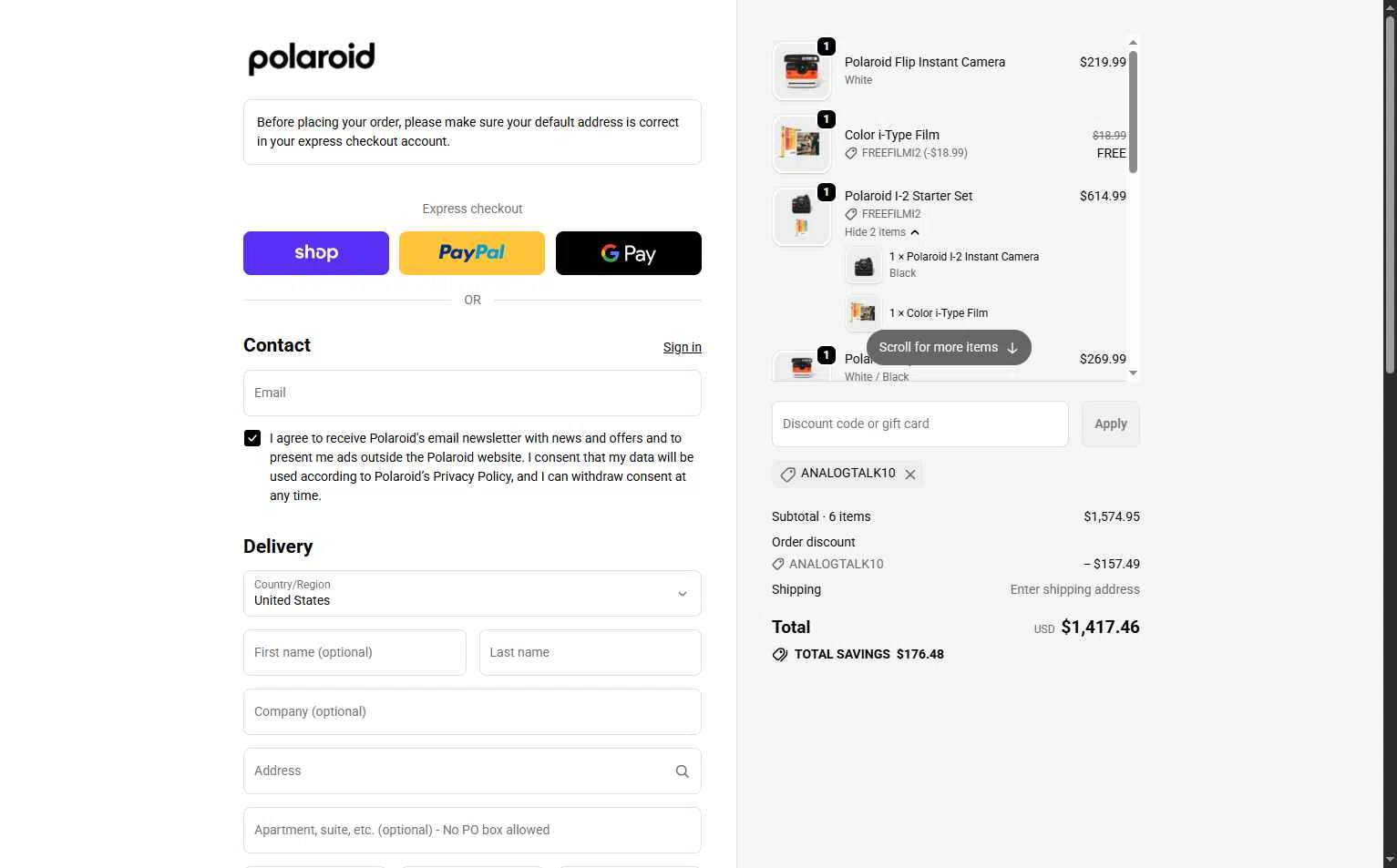 Polaroid checkout page showing Polaroid discount code box | Screenshot taken by SimplyCodes community member on Jan 28, 2026