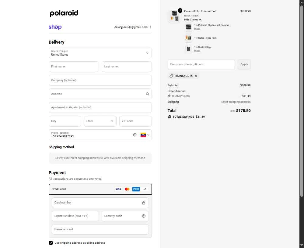 Polaroid checkout page showing Polaroid discount code box | Screenshot taken by SimplyCodes community member on Dec 19, 2025