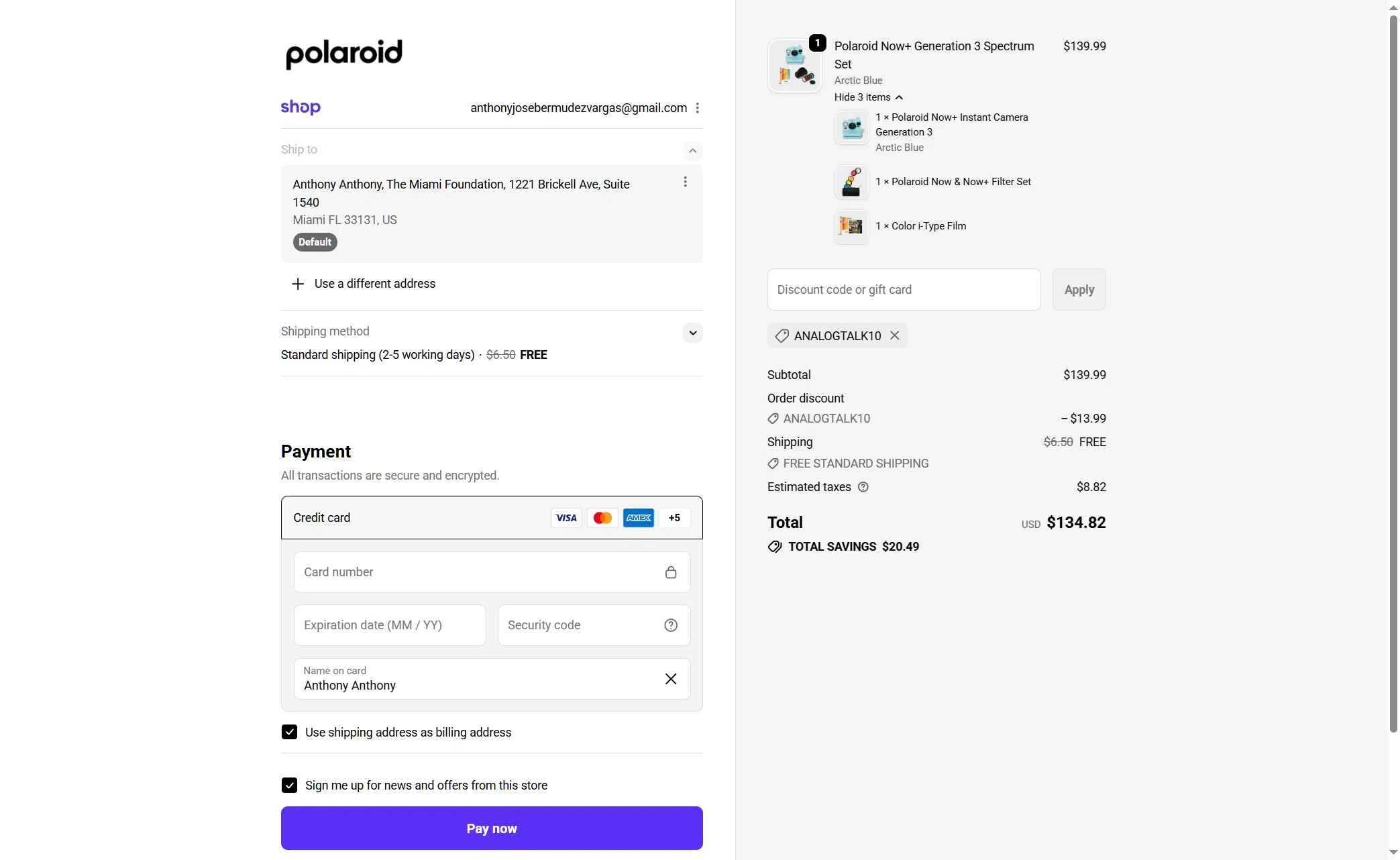 Polaroid checkout page showing Polaroid discount code box | Screenshot taken by SimplyCodes community member on Nov 22, 2025