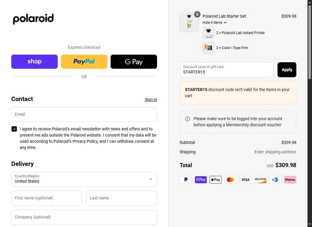 Polaroid checkout page showing Polaroid discount code box | Screenshot taken by SimplyCodes community member on Sep 11, 2025