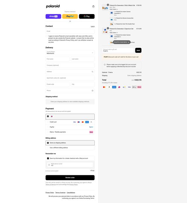 Polaroid checkout page showing Polaroid discount code box | Screenshot taken by SimplyCodes community member on Aug 15, 2025