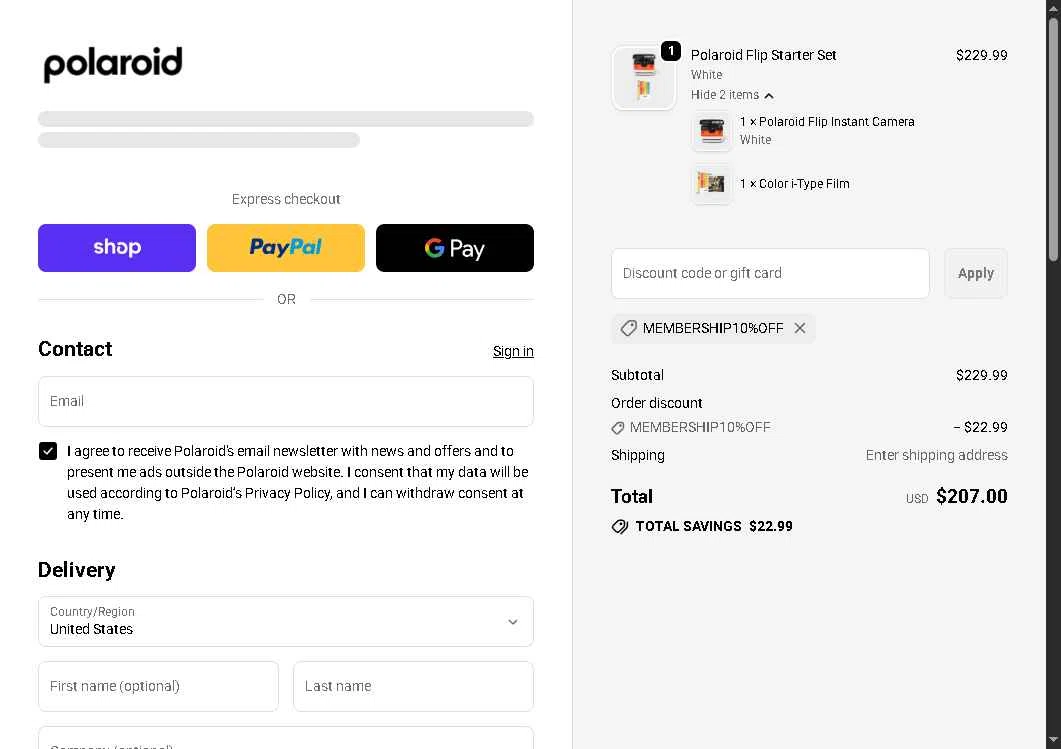 Polaroid checkout page showing Polaroid discount code box | Screenshot taken by SimplyCodes community member on Jan 29, 2026