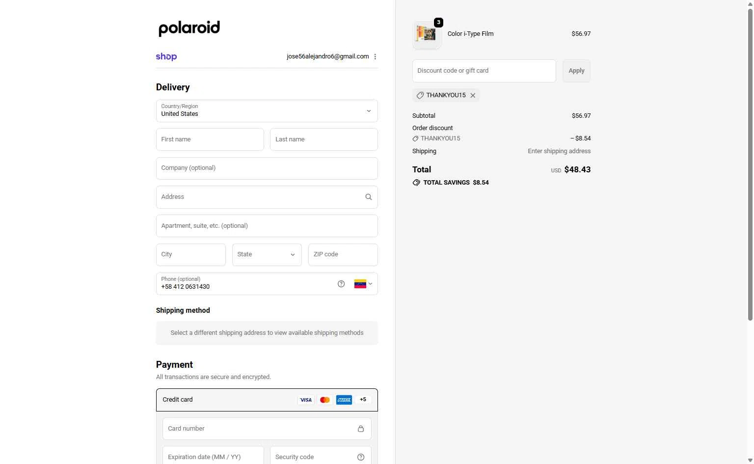 Polaroid checkout page showing Polaroid discount code box | Screenshot taken by SimplyCodes community member on Feb 15, 2026