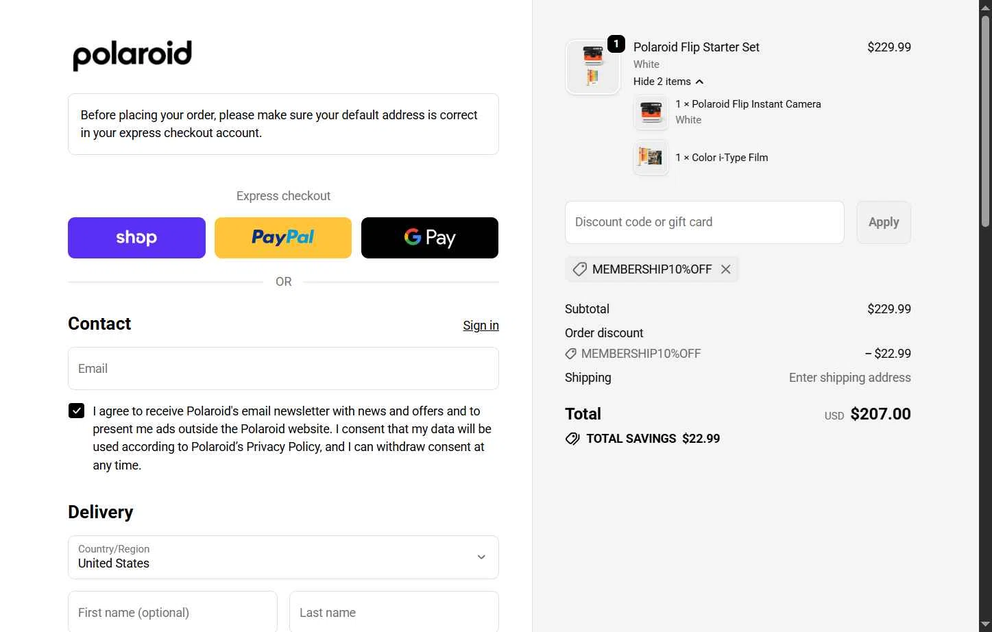 Polaroid checkout page showing Polaroid discount code box | Screenshot taken by SimplyCodes community member on Jan 14, 2026